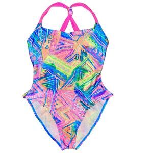 L 14 VTG Sessa Bright Neon High Cut Ultra Low Back Crinkle One Piece Swimsuit